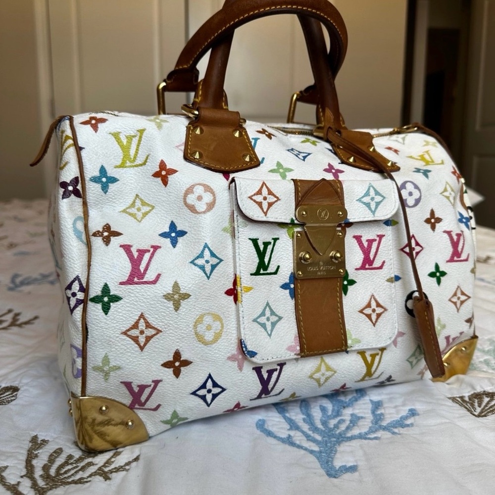 Louis Vuitton Multicolor Monogram White Canvas Satchel with Tan Trim